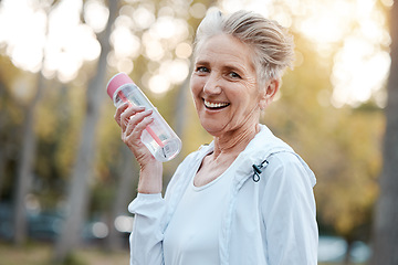 Image showing Exercise, senior woman and water bottle for fitness, workout in nature or portrait. Mature female, elderly lady and hydration for wellness, health and training outdoor for cardio, retirement or relax