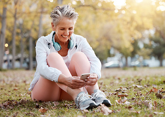 Image showing Smartphone, park and senior woman with nature wellness, mental health app and website blog post for healthy retirement life. Elderly or old woman using phone or typing on cellphone and relax on grass