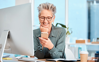 Image showing Phone, happy or business woman on social media smiles at funny meme or online content while relaxing on coffee break. Communication, social network or senior manager reading news or internet post