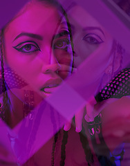Image showing Punk woman, studio portrait and fashion reflection with art makeup, dark cosmetics or goth beauty. Black woman, rock model and face shadow for cosmetic, bdsm and sexy with purple aesthetic background