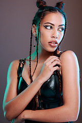 Image showing Woman, leather and sexy punk with makeup, beauty or cosmetics for bdsm aesthetic in dark studio. Grunge girl, creative cosplay and cosmetic face with rock fashion, clothes and halloween by background