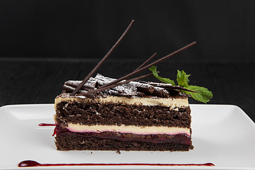 Image showing Plate with piece of delicious chocolate cake