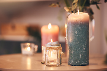 Image showing Candles, zen and spa wellness aromatherapy for zen, relax and luxury experience for a massage. Fire, care and physical therapy room with calm, balance and beauty atmosphere in a salon with no people