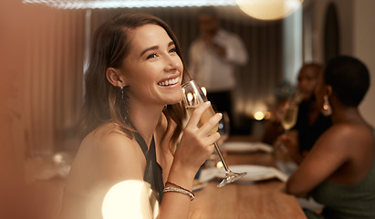 Image showing Happy, dinner party and woman with glass of champagne for special celebration event, friendship reunion or New Year. Fine dining restaurant, friends and elegant girl with alcohol drink to celebrate