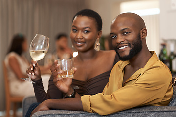 Image showing Wine, relax or couple at party, event or social gathering in celebration of New Year or Christmas dinner. Portrait, black woman and happy black man with luxury whisky to celebrate love goals on dates