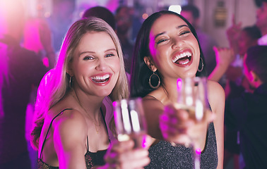 Image showing Portrait, party and toast with woman friends in a nightclub for a new year celebration together. Birthday, event and cheers with a young female and friend bonding while clubbing or at a dance