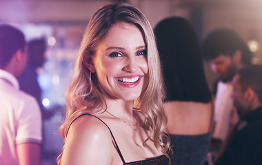 Image showing Portrait, happy or woman in a party at night social event in celebration of New Year or birthday in Los Angeles. Face, clubbing or beautiful young girl model smiles to celebrate happiness or holiday