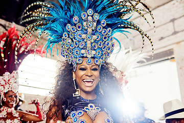 Image showing Black woman, samba dancer and smile for festival, concert or party performance at New Year event. Portrait of happy African American female in beautiful art costume performing in music culture show