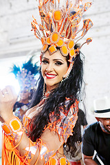 Image showing Samba dancer, party and rio de janeiro woman portrait happy about celebration and dancing. Talent, festival and mardi gras new year with music and smile about to perform carnival performance artist