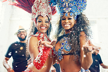 Image showing Black women, samba dance and carnival party in Brazil for dancing festival, music event show and crazy new year celebration. Rio De Janeiro, happy face smile and portrait of latin Brazilian culture