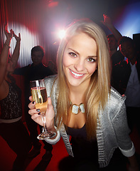 Image showing Portrait of happy woman, nightclub and drinks at party, celebration and new years evening in Russia. Young girl, night club and disco to enjoy drinking, happy hour and celebrate fun with wine glass