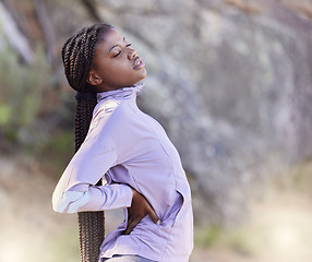 Image showing Stretching, running and fitness with black woman in nature for workout, freedom and jogging. Hiking, energy and peace with girl runner and warm up on mountain path for cardio, endurance and training