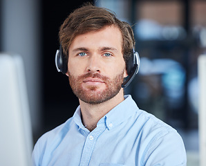 Image showing Call center, consulting and portrait of businessman for customer service, contact us and technical support. Help desk, advisory and telemarketing with employee and microphone for phone call sales