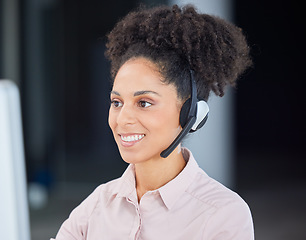 Image showing Call center, smile and computer with business woman for customer service, consulting and technical support. Help desk, advisory and telemarketing with black woman and microphone for phone call sales