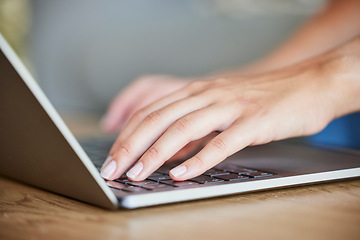 Image showing Laptop, keyboard and hands of woman typing feedback review of financial portfolio, investment research or stock market report. Economy, cryptocurrency and trader work on bitcoin, nft or forex trading