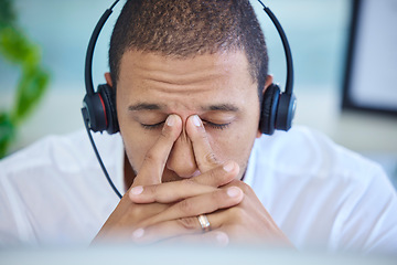 Image showing Man stress, call center consultant in office and working at customer support, hotline or contact us. Customer service employee, anxiety burnout with mental health or work depression in crm workplace