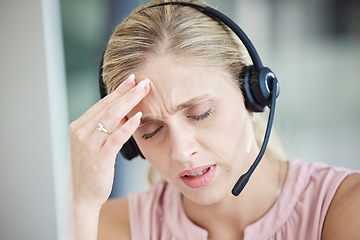 Image showing Headache, anxiety and call center woman on computer thinking of telemarketing fail, stress or mental health problem. burnout, tired or fatigue financial advisor or consultant frustrated, angry or sad