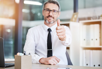 Image showing Success, ceo or businessman with thumbs up feedback for job interview hiring or reaching sales goals or target. Yes, trust or hr manager with good news or thumb up positive hand gesture after review