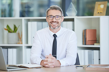 Image showing Office, portrait and businessman or corporate boss working at his desk for financial advisor, investment and accounting management career. Leadership, trust and smile business man on laptop planning