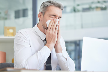 Image showing Allergies, sick and businessman in his office cleaning nose with healthcare risk, workplace compliance policy and management stress. Dust, bacteria and allergy of business or corporate man at a desk