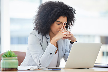 Image showing Stress, anxiety and burnout with a business black woman at work using a laptop while suffering from a headache. Compliance, computer and mental health with a female employee struggling on a deadline