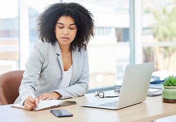 Image showing Lawyer, black woman and writing in book at office for legal client appointment note reminder in Chicago, USA. Organisation of corporate attorney girl in professional workplace with diary schedule.