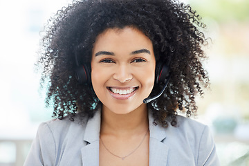 Image showing Call center, smile and portrait of business woman for customer service, consulting and technical support. Help desk, advisory and telemarketing with black woman and microphone for phone call sales