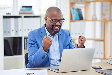 Image showing Black man, business and winner with success and yes, professional achievement, laptop and new deal, reach target goal and kpi. Businessman, victory celebration in office and corporate goals with win.