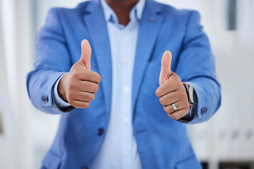 Image showing Success, winner and thumbs up with hands of businessman for support, approval and feedback. Thank you, yes and vote with black man and review sign for agreement, achievement and praise opinion