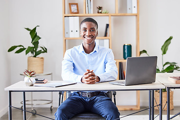 Image showing Black man, office and portrait of a accounting manager at a desk ready for work on African business. Happy, accountant and business man with.a smile about financial, investment and company growth