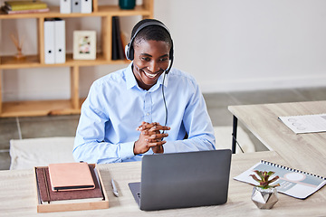 Image showing Customer service, call center and video call with black man on laptop in telemarketing office. Video conference, employee and male consultant from Nigeria on computer consulting online in webinar.