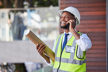 Image showing Black man, phone call and architect with construction and architecture, communication and businessman on construction site, networking and blueprint. Phone, call and happy with engineer and building.