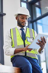 Image showing Engineer manager, tablet and black man working on construction strategy plan, maintenance inspection and building online report. African man, architect contractor and site planner on digital tech