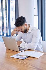 Image showing Headache, stress and businessman with burnout, anxiety and mistake on laptop 404 glitch, fail or risk. Tired, sad and confused manager, mental health and pain of tax audit, debt crisis and bankruptcy