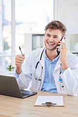 Image showing Man, doctor or phone call in hospital office for networking, life insurance help or surgery planning. Smile, happy or talking healthcare worker and communication technology, laptop or clipboard paper