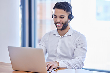 Image showing Man, customer service and telemarketing call center agent using laptop and headset in the office. Contact us, sales and help desk job, smile and working to tell you about us in crm business workplace