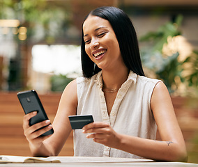 Image showing Credit card, ecommerce and woman with phone at cafe for payment, fintech and online shopping. Happy customer, coffee shop and smartphone banking, mobile app money and internet finance on technology
