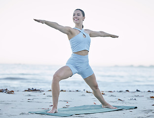 Image showing Woman, yoga and fitness on beach, meditation and training on sand, balance and happy with healthy lifestyle in Bali. Young female, exercise and pilates workout at sea, ocean and nature for wellness