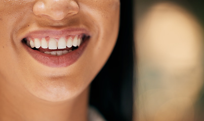 Image showing Smile, mouth and face macro of woman inside for happiness, beauty and wellness for friendly dentist. Healthcare, dental care and zoom of happy girl with big smile, healthy teeth and natural skin