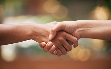 Image showing Handshake, closeup and partnership for contract, agreement and teamwork. Trust, support and shaking hands for b2b communication, collaboration and thank you for cooperation, well done and solidarity.