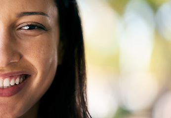 Image showing Half, face and beauty of a woman on a blurred background with bokeh and mockup or copyspace. Detail, cosmetic portrait and dermatology treatment with a cropped female outdoors in nature for health