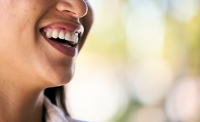 Image showing Dental, teeth or mouth with a smile in nature laughing after a successful teeth whitening at dentist appointment. Mockup space, zoom or happy woman smiling at a funny joke while relaxing outdoors