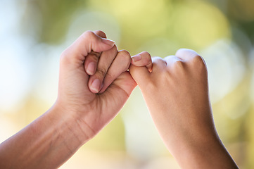 Image showing People, promise and fingers for support, trust and love connection in nature outdoors. Closeup, hands and couple of friends link little finger for hope, respect and commitment, kindness and agreement