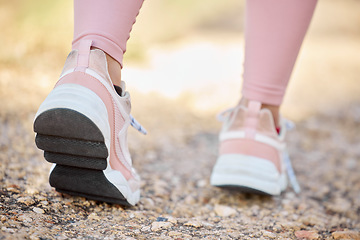 Image showing Shoes, running and fitness with woman and exercise outdoor, run and workout with runner sneakers zoom, marathon or race training. Sport, motivation and wellness with active lifestyle and cardio.