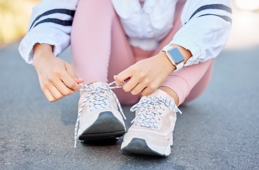 Image showing Shoes, lace and woman cardio workout in city street for wellness training, sports running exercise or marathon motivation. Morning run outdoor, healthy lifestyle and sneaker shoelace for fitness