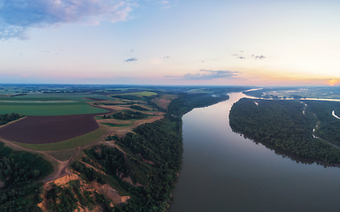 Image showing Aerial drone view of river landscape in sunny summer evening