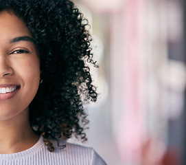 Image showing Face, beauty and mockup with a black woman inside on a color background with a cropped smile closeup. Portrait, half and smile with an attractive young female next ro marketing or advertising space
