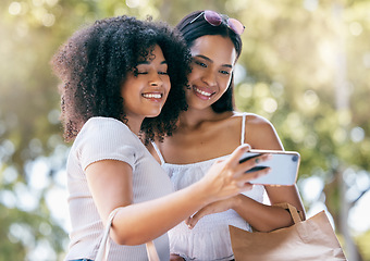 Image showing Selfie, smartphone and shopping friends in New York for social media, profile picture update and fashion influencer blog. Summer, shopping bag and women using phone photography for networking in park