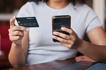 Image showing Online shopping, credit card and woman hands with phone for purchase, payment and buying from internet store. Technology, ecommerce and girl typing banking details, data and information on smartphone