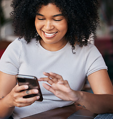 Image showing Black woman, phone and laptop, internet cafe and remote work, blog or freelancer entrepreneur. Happy young female in coffee shop typing on smartphone, social media and reading mobile app notification